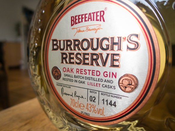 Label of Beefeater Burrough’s Reserve Oak Rested Gin