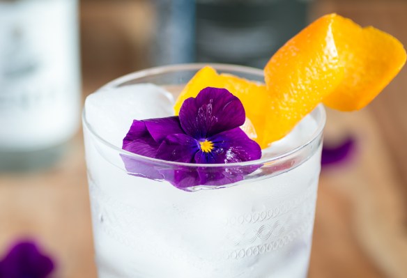 Cornish Blossoms med Tarquin's Gin, Gents Tonic, viol og appelsinskal. Photo by Michael Sperling. Cornish Blossoms med Tarquin's Gin, Gents Tonic, viol og appelsinskal. Photo by Michael Sperling.
