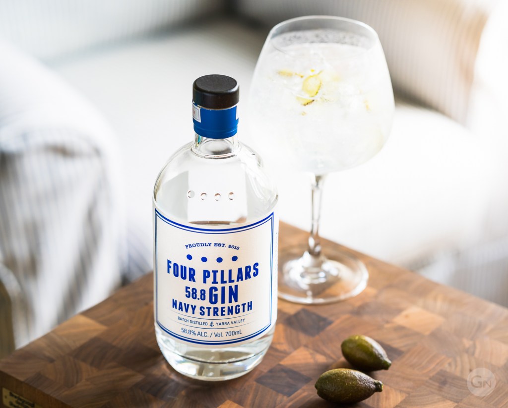 Four Pillars Navy Strength Gin med Fever-Tree Mediterranean Tonic og fingerlimes. Photo by Michael Sperling.